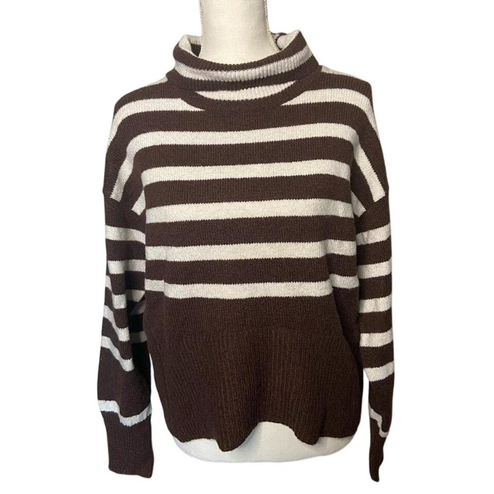 A New‎ Day Brown White Striped Mock Neck Sweater XS Womens Knit Pullover